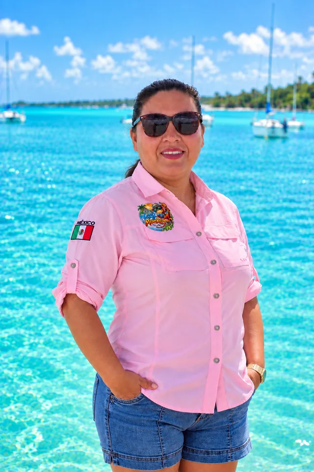 Team member in a pink shirt beside the lagoon.