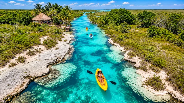 Personas en kayaks sobre el agua turquesa del canal de Los Rápidos de Bacalar.